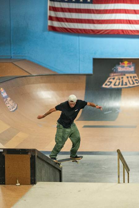 Lucas Rabelo performs a nollie 180 nosegrind at the Red Bull SOLUS competition in San Clemente, California, USA, on September 9, 2021.