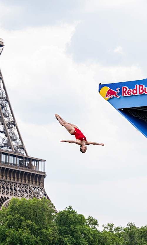 Simone Leathead of Canada dives from the 21.5-metre platform during the first competition day of the second stop of the Red Bull Cliff Diving World Series in Paris, France, on June 17, 2023. 