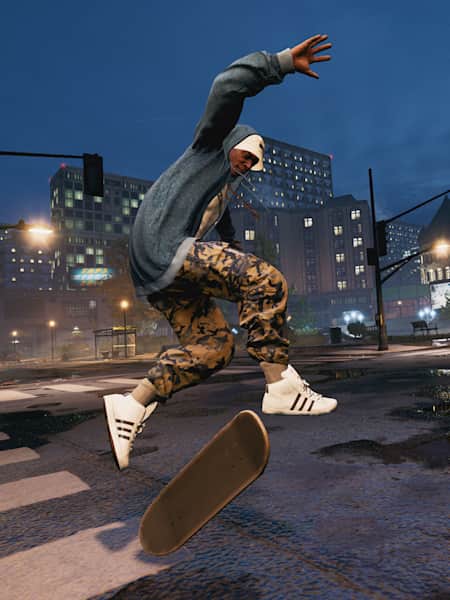 A screenshot of a trick performed at night in Tony Hawk’s Pro Skater 1 & 2