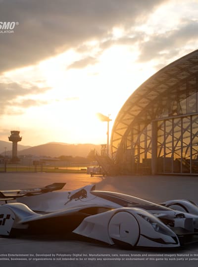 Ein Screenshot des Red Bull X2019 bei Sonnenuntergang im Videospiel Gran Turismo 7. Wir wagen den Vergleich zwischen GT und den Forza-Serien