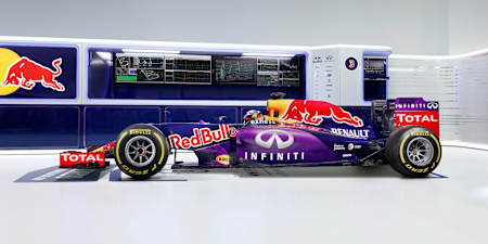 Infiniti Red Bull Racing's 2015 RB11F1 car livery displayed on the car of driver Daniel Ricciardo in Milton Keynes, UK