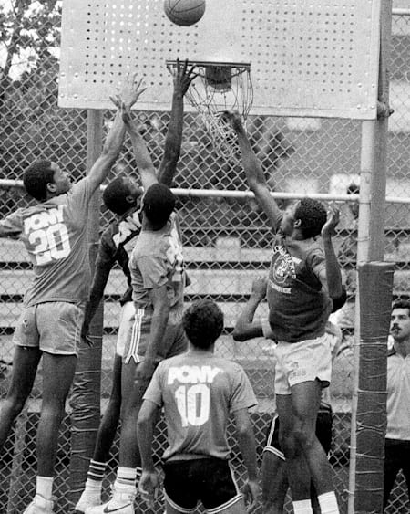 Players compete in Rucker street basketball tournament in Harlem, New York, which was the first streetball contest when it started in 1950
