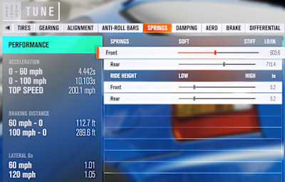 View of the suspension springs tuning menu in Forza Horizon 4.