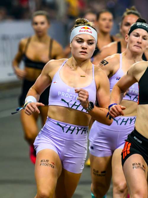 Lucy Procter competes during the HYROX World Championship in Stockholm, Sweden, on 19 June 2026, racing alongside fellow elite athletes.