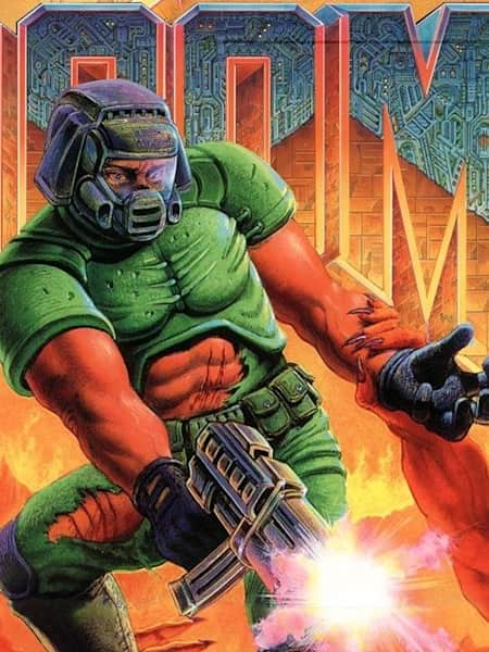La jaquette du jeu vidéo de tir à vue Doom du studio id Software,.
