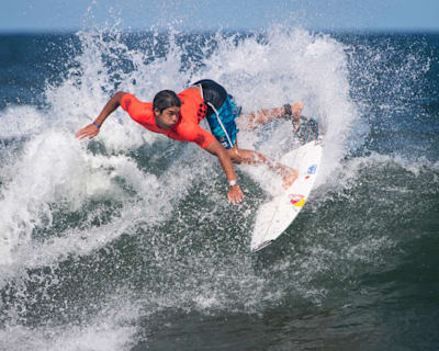 Professional surfer from Japan, Kanoa Igarashi, competes at the 2019 ISA World Surfing Games.