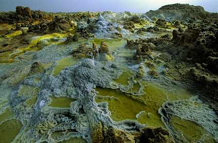 Geyserites in many colours are formed by different minerals in the hyperthermal waters at Dallol Volcano, Ethiopia