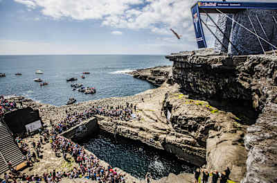 Artem Silchenko dives from the 28 metre platform in Inis Mor, Aran Islands, Ireland on June 28th 2014 at the third stop of the Red Bull Cliff Diving World Series