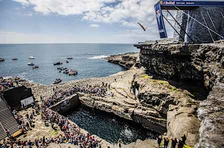 Artem Silchenko dives from the 28 metre platform in Inis Mor, Aran Islands, Ireland on June 28th 2014 at the third stop of the Red Bull Cliff Diving World Series
