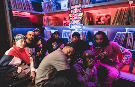 Breakers from Manhattan and Bronx (Pop, Indio, Sham-god, A-Rod, Pollo, Mac, Mantis, Flonetik) pose for a portrait at Red Bull BC One NYC Celebration in New York, USA on March 3, 2022.