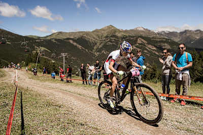 Yana Belomoina performs at Rd3 of the UCI XCO Mountain Bike World Cup in Vallnord, Andorra on July 2, 2017.