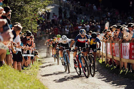 Pauline Ferrand-Prevot leads during the XCC race at Rd 6 of the UCI MTB World Cup 2019 in Lenzerheide, Switzerland.