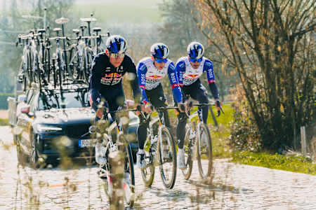 Laurence Pithie, Tim van Dijke and Jarrad Drizners of Red Bull – BORA – hansgrohe in action at the 81st Omloop Nieuwsblad Recon in Gavere, Belgium. 
