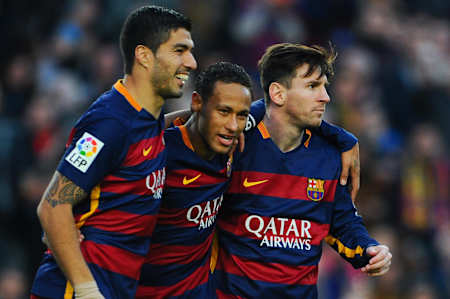 Luis Suárez, Neymar Jr and Lionel Messi celebrate Neymar's goal against Real Sociedad in November 2015.
