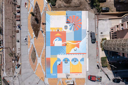 An aerial view of the court at Rimini, Italy that was transformed for Red Bull Half Court 2022