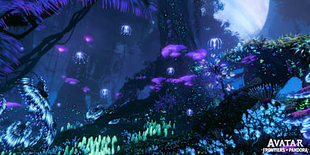 Screenshot aus Avatar: Frontiers of Pandora zeigt einen mystischen Wald bei Nacht mit fluoreszierenden Pflanzen.
