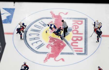 Ice hockey players compete during the grand opening of the SAP Garden, the new home of the EHC Red Bull München in Munich, Germany on September 27, 2024.  