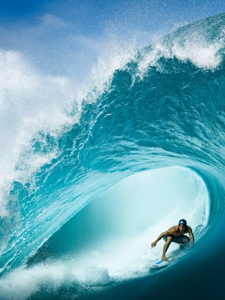Surfer Mihimana Braye rides a huge barrel at Tahiti's Teahupo'o during a May 2019 swell.