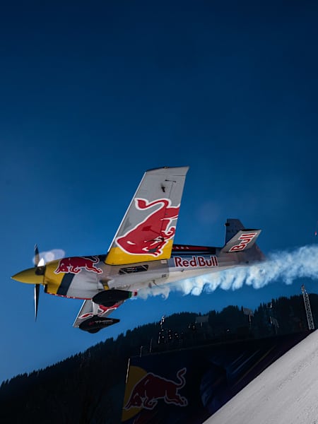 Dario Costa flies his plane down the Streif downhill ski course in Kitzbühel, Austria on January 18, 2025.