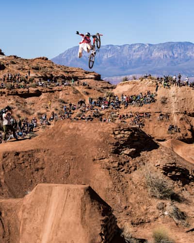 Jaxson Riddle riding the course during finals at the Red Bull Rampage