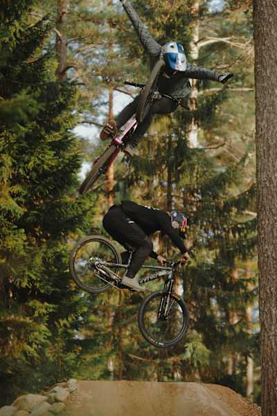Martin Söderström filming for Sound of Speed together with Emil Johansson in Järvsö Bike Park, Sweden on October 15, 2020.
