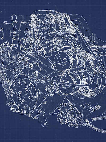 A blueprint-style illustration of the Mercedes M196 engine of the 1954-1955 season.