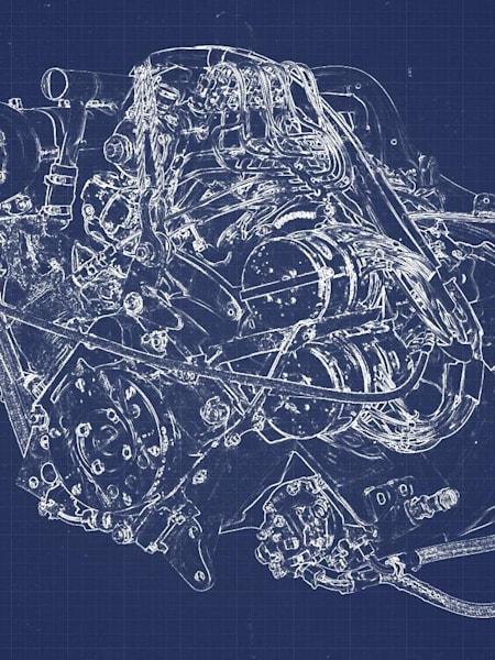 A blueprint-style illustration of the Mercedes M196 engine of the 1954-1955 season.
