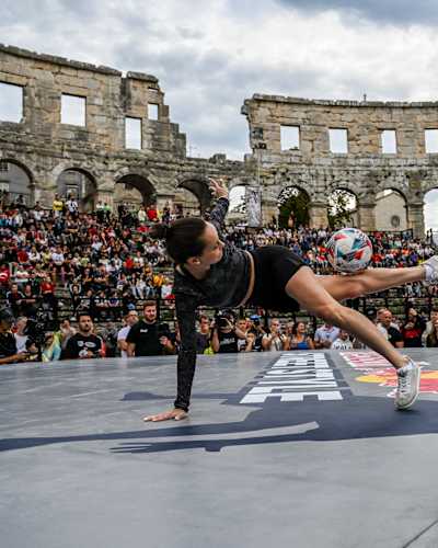 Laura Biondo of Venezuela and Aguska Mnich of Poland perform during the Red Bull Street Style World finals in Pula, Croatia, on October 8, 2022.