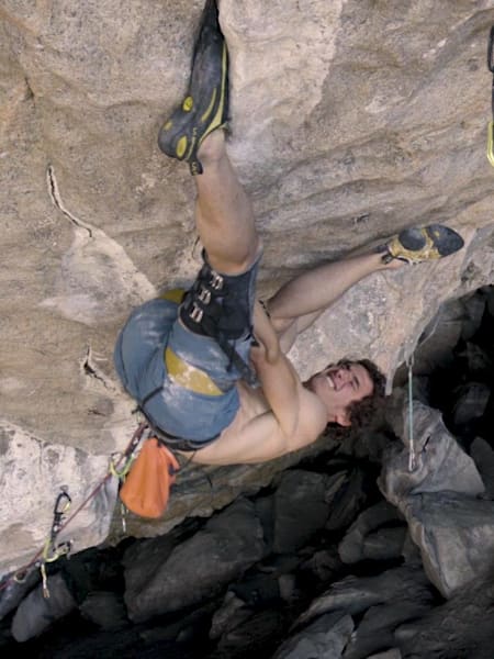 Adam Ondra performing on a climb in Flatanger, Norway.