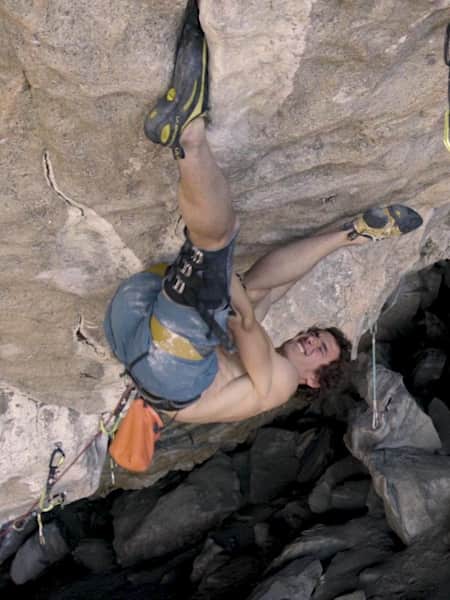 Adam Ondra performing on a climb in Flatanger, Norway.