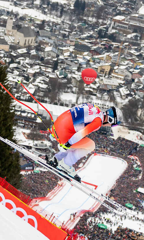 Franjo Von Allmen of Switzerland during the men's downhill at the Hahnenkamm Races of the FIS Alpine Ski World Cup on the Streif in 2026.