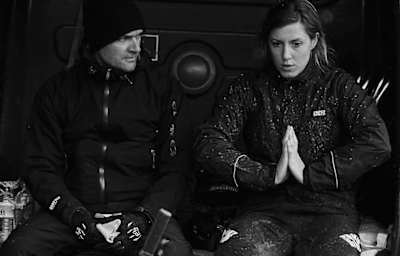 Rachel Atherton finds her inner zen while with MTB coach Alan Milway at a race.