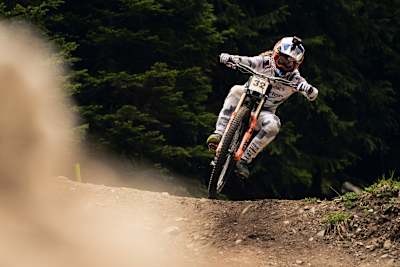 Rachel Atherton performs at UCI DH World Cup in Lenzerheide, Switzerland on June 10, 2023  