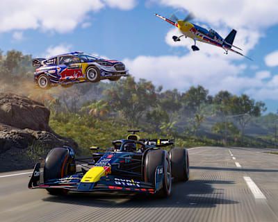 The Red Bull Plane, the Red Bull Racing RB20 and the Ford Puma Hybrid from the Crew Motorfest Season 6.    