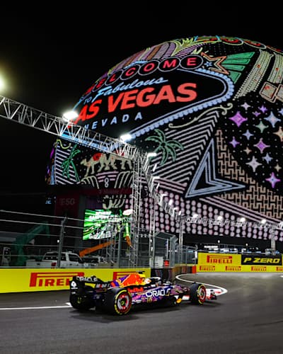 Max Verstappen driving past the Sphere in Las Vegas