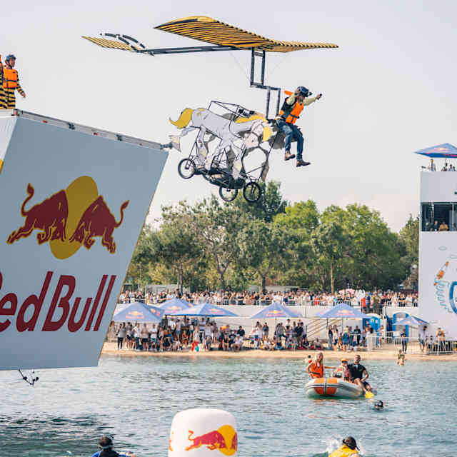 On August 14, 2022, participants launch their creative flying machine during Red Bull Flugtag in Istanbul, Turkey, thrilling the crowd with adventurous aerial stunts over the water