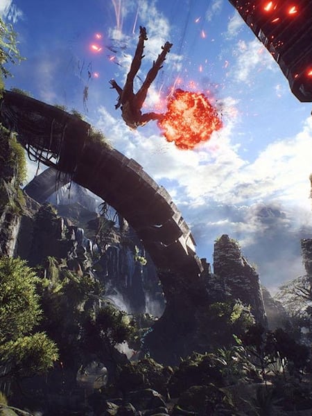 A scene from BioWare’s new video game, Anthem, showing a character flying through the air.