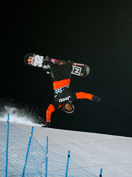 Zeb Powell snowboards at Winter X Games in Aspen, Colorado, USA on January 26, 2020 during the Knuckle Huck.