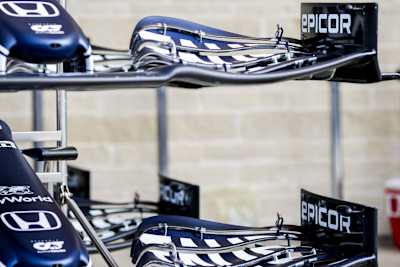 The front wing of the Scuderia AlphaTauri racing car for the 2022 season.