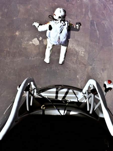 Pilot Felix Baumgartner of Austria jumps out from the capsule during the final manned flight for Red Bull Stratos in Roswell, New Mexico, USA on October 14 2012