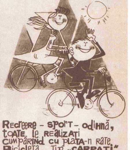 Reclamă pentru bicicleta Carpați, fabricată în 1968 la Zărnești, Brașov