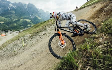 Rachel Atherton performs at UCI DH World Cup in Leogang, Austria on June 17, 2023