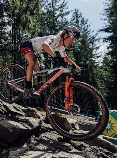 Emily Batty performs at UCI XCO in Nove Mesto na Morave, Czech Republic on May 16, 2021.