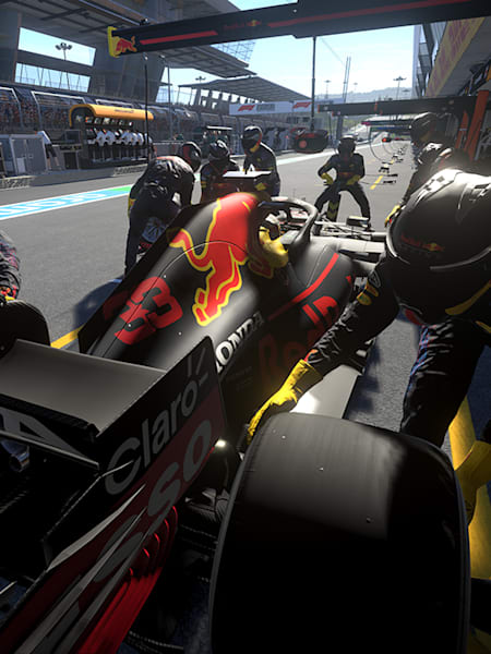 Bolid Red Bull Racing w trakcie pitstopu w grze F1 2021