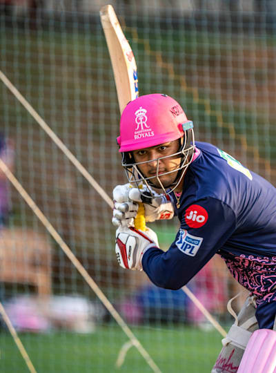 Indian cricket allrounder Riyan Parag plays a batting shot during a net training session.