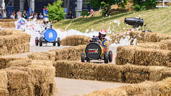 Max Verstappen leads the race with Daniel Ricciardo following during the F1 Soapbox Race in Montreal, Canada, on June 5, 2024
