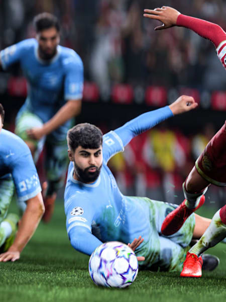 A first in-game screenshot from EA FC 27, taken during the match between Manchester City and FC Bayern Munich.
