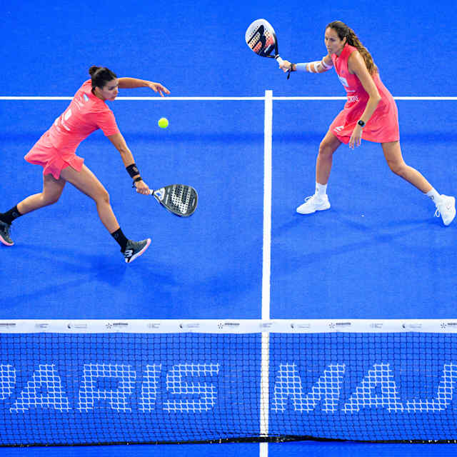 Gemma Triay Pons and Delfina Brea Senesi react during the Alpine Paris Major Premier Padel semi-final match held at the Roland Garros Stadium in Paris, France on September 13, 2025