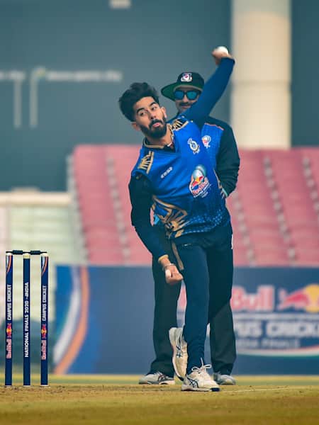 Prerit Dutta of DAV College, Jalandhar, bowls during a match at the Red Bull Campus Cricket 2020 India Finals.