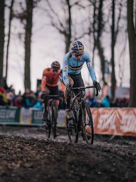 Cyclocross racer Wout van Aert in the breakaway at a race.